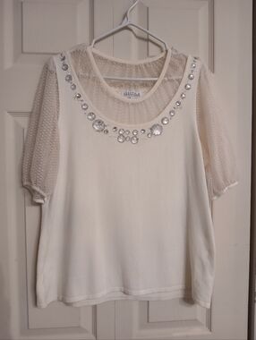Joseph A Cream Jewel-Neck Dot Mesh Sleeve Blouse, Size Extra Large (XL)